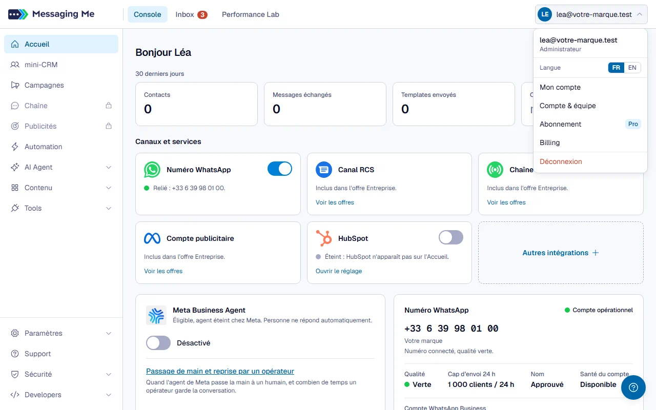 Étape 4 : Le menu Compte, en haut à droite