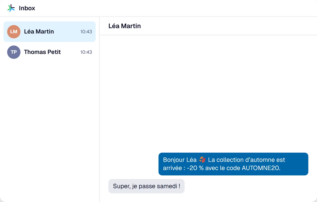 L’Inbox de Messaging Me : la campagne envoyée à Léa Martin, et sa réponse