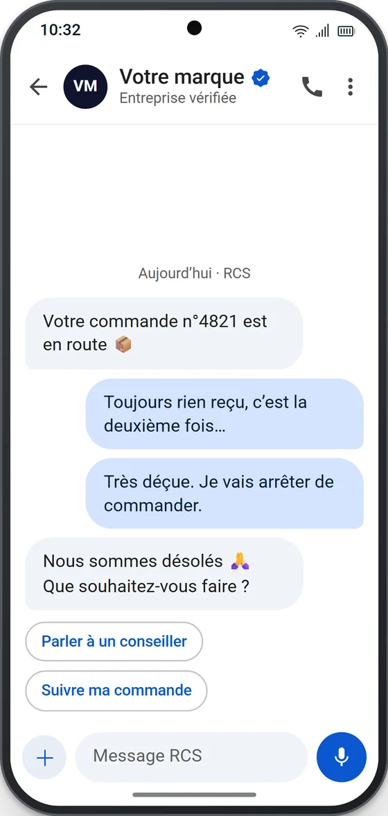 Une conversation RCS : un client mécontent d’une commande qui n’arrive pas