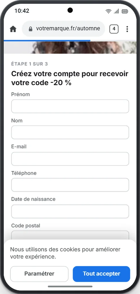 Le formulaire d’inscription qui attend le prospect sur le site