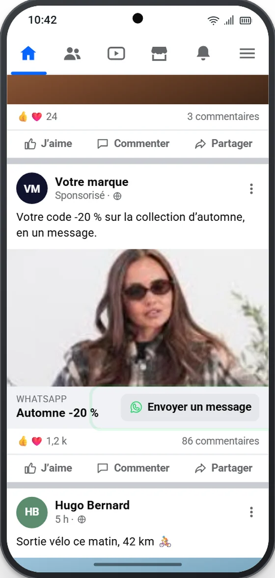 Une publicité Click-to-WhatsApp dans un fil d’actualité : le prospect appuie sur Envoyer un message