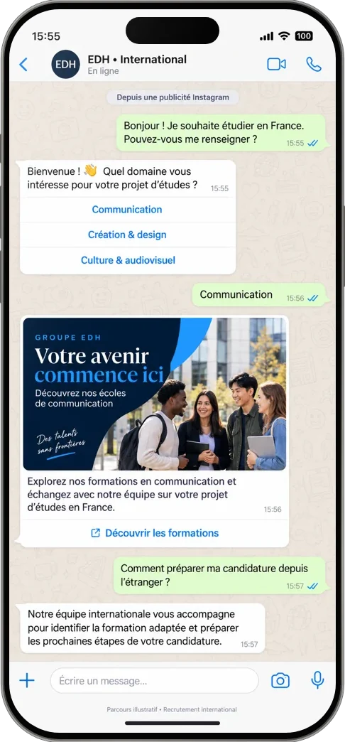 Venu d’une publicité Instagram, un candidat étranger échange avec EDH sur WhatsApp à propos des formations