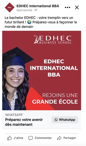 Une publicité EDHEC International BBA dont le bouton ouvre une conversation WhatsApp