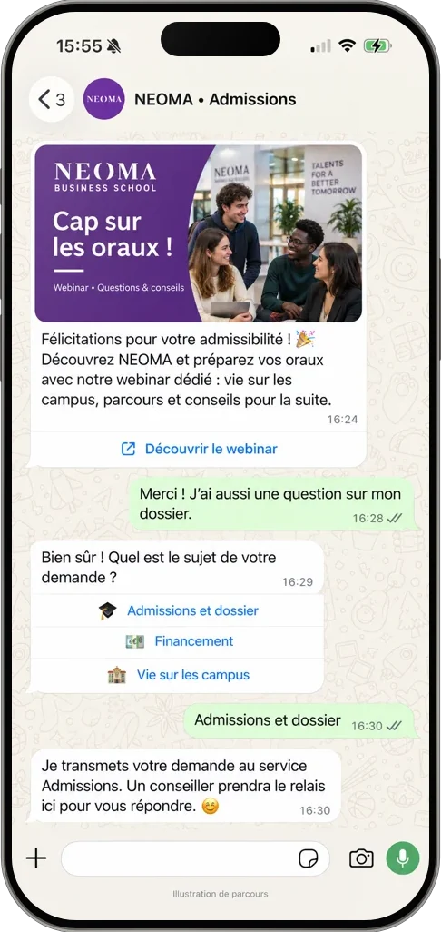 NEOMA invite ses admissibles à un webinar sur WhatsApp, puis oriente une question vers le service Admissions