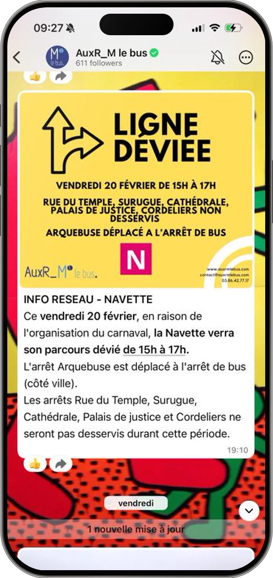 A bus network’s WhatsApp Channel announces a diverted line